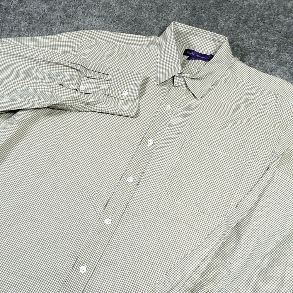 Ralph Lauren Purple Label Shirt Mens XL Tan Mini Check Pattern Button Made Italy